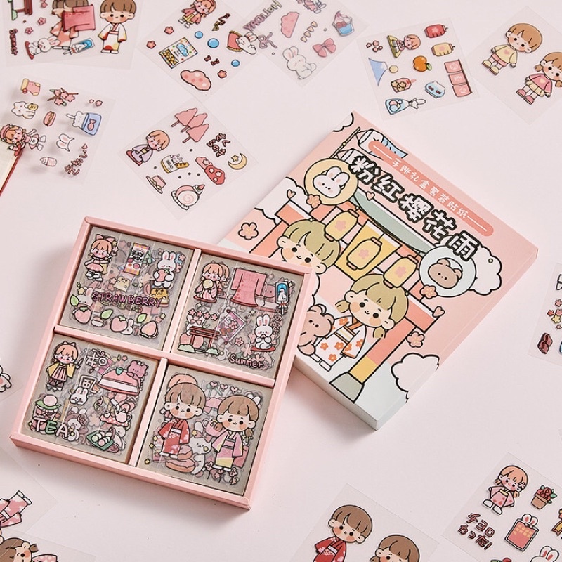Hộp 100 tấm sticker dán cô gái dễ thương trang trí sổ tay, laptop, ốp điện thoại...