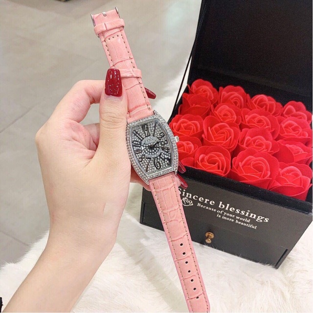 Đồng hồ nữ Modiya mặt thoi dây dây da đính đá viền bạc