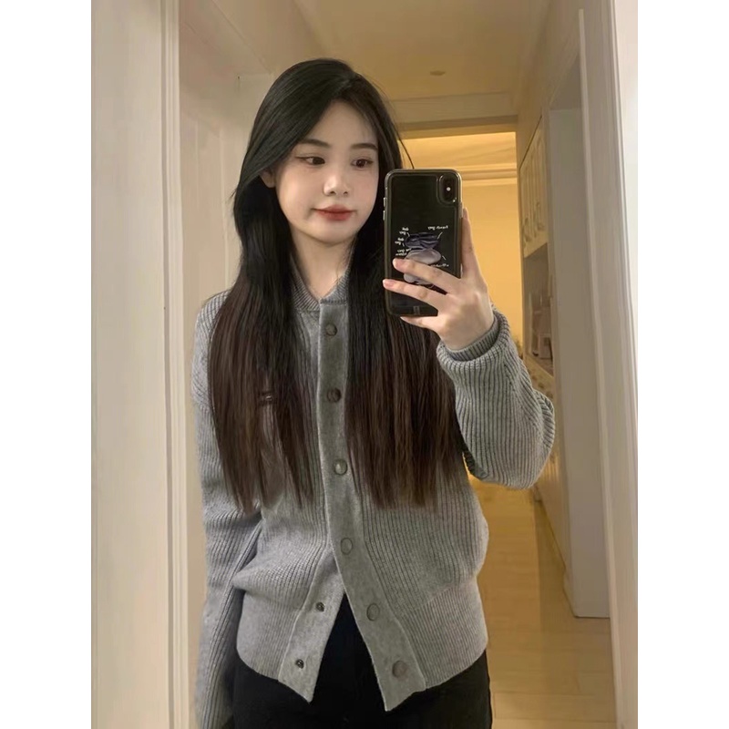 Áo khoác cardigan ZHELIHANGFEI dệt kim tay dài dáng rộng màu xám phong cách preppy