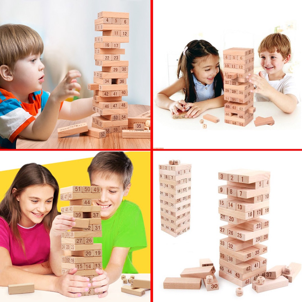 Đồ Chơi Rút Gỗ Cỡ Lớn Cao Cấp – Chọn Size - 54 Thanh Rút Gỗ Kèm 4 Con Súc Sắc Cho Bé – Bộ Đồ Chơi Rút Gỗ Amalife