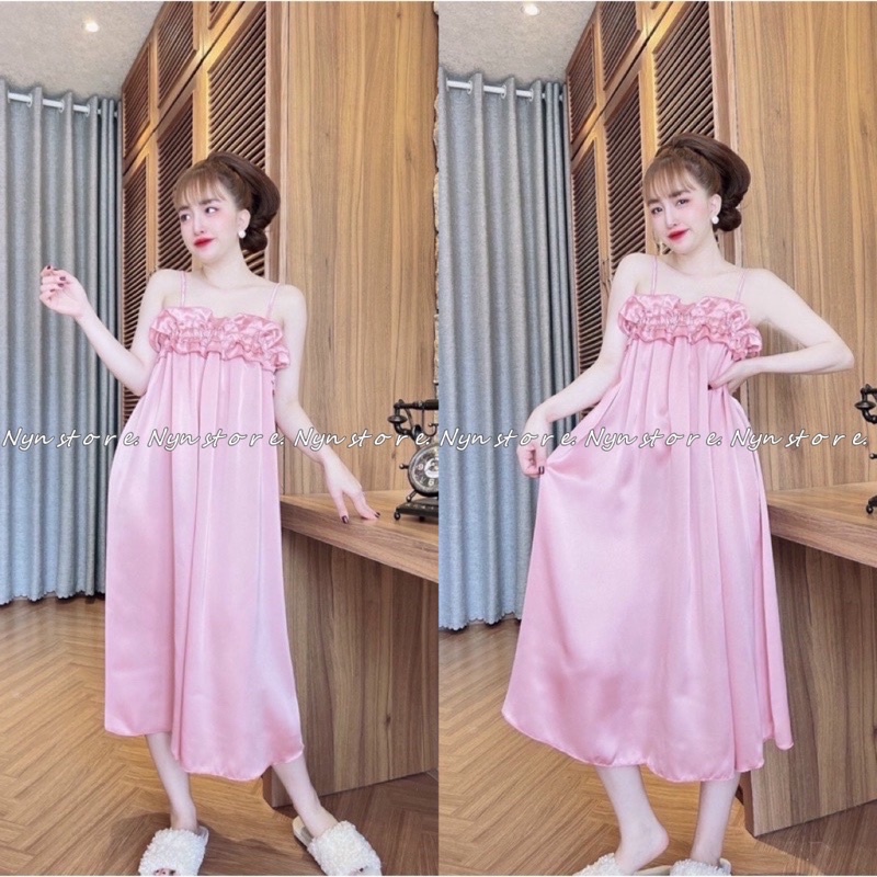 Đầm ngủ dài qua gối 2 dây mềm mịn freesize <60kg