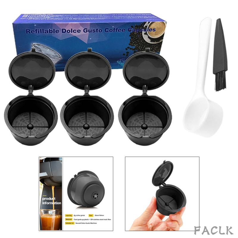 3PCS Refillable Reusable Espresso Coffee Capsule Filter Reutilisable Coffee Capsule Espresso Cups Spoon Brush