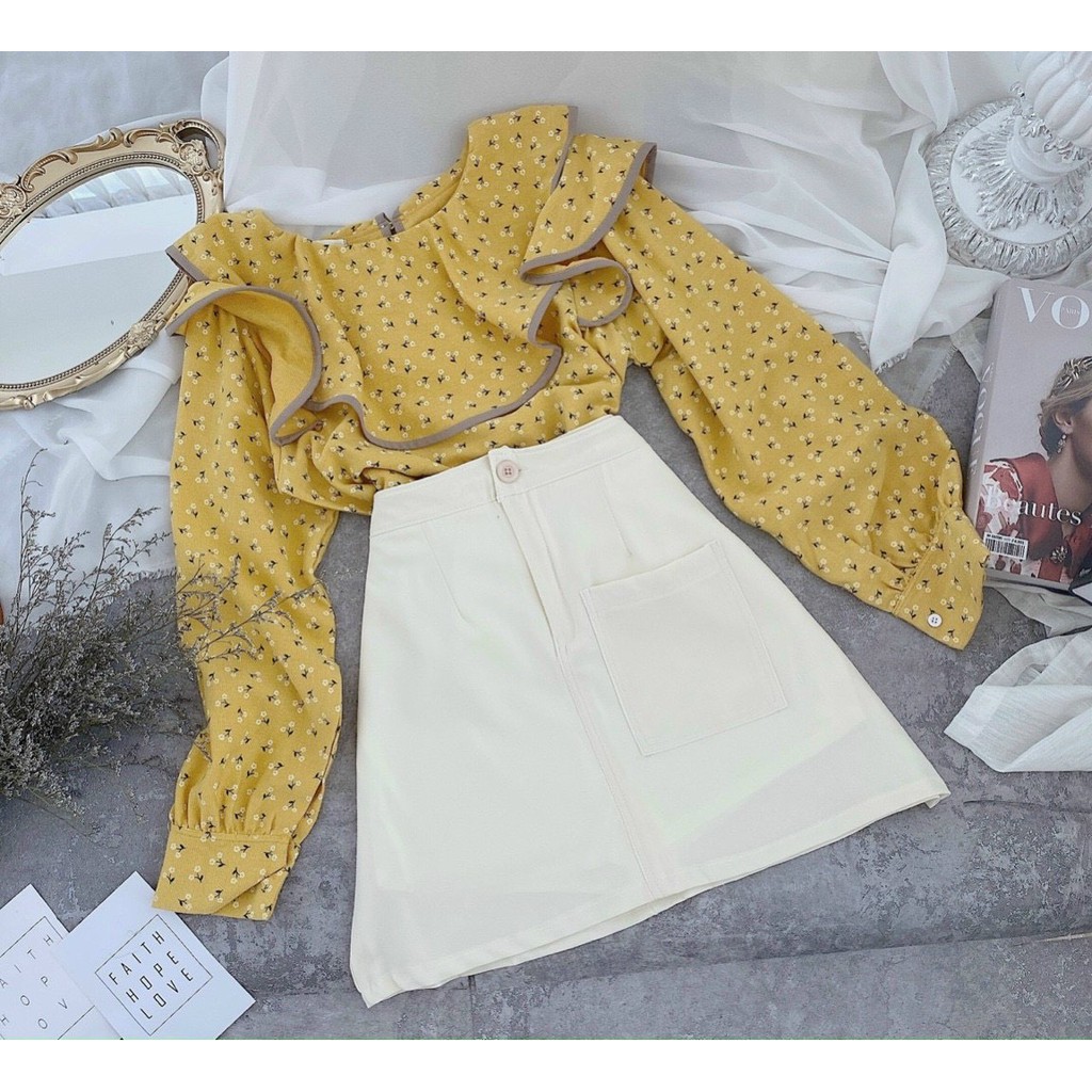🎶🎶Set áo sơ mi cổ bánh bèo vàng mix chân váy kaki cực xinh cho nàng công sở nhà Tiệm nhỏ của Ryn | BigBuy360 - bigbuy360.vn