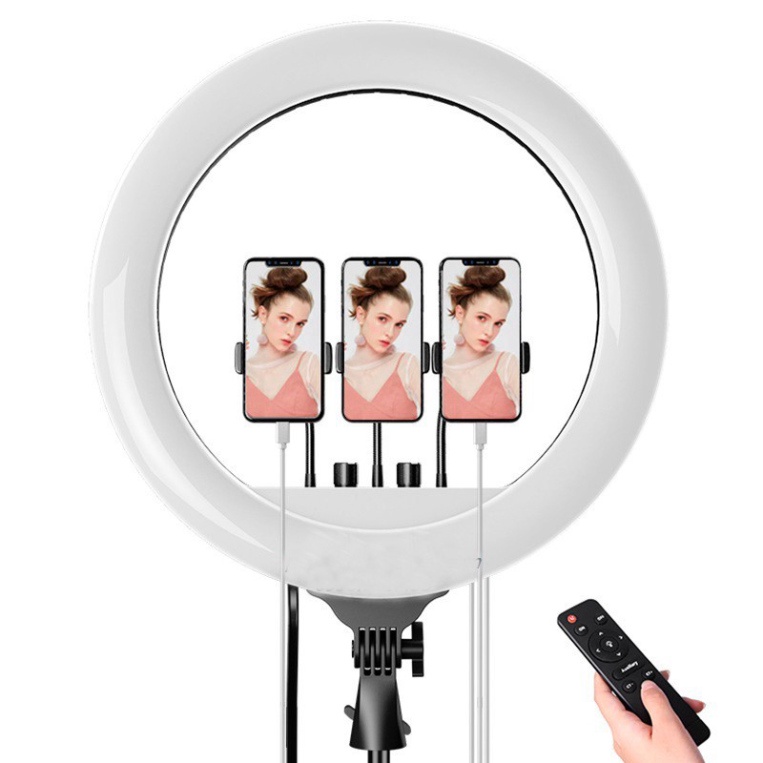 Đèn Livestream size 46 cm + chân 2m1+điều khiển+3 kẹp điện thoại, hỗ trợ chụp ảnh make up trang điểm nhiều chế độ sáng