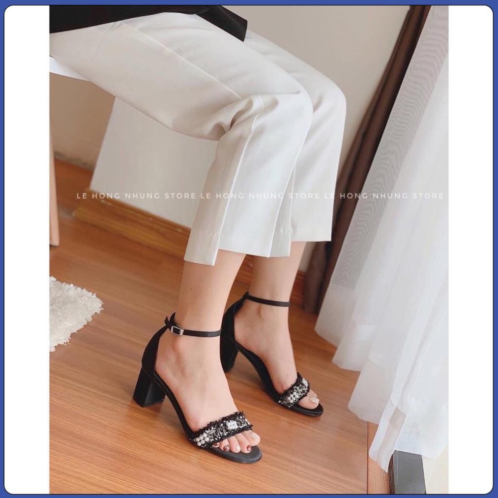 GIÀY CAO GÓT NỮ QUAI NGANG CHẤT XÙ ĐÍNH HẠT MŨI TRÒN 7 PHÂN HOT SANDAL 2021