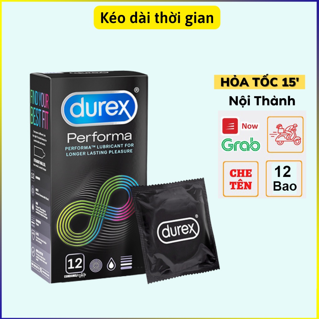 Bao cao su durex perfoma 12 bao. Bao durex kéo dài thời gian, độ mỏng 001mm, nhiều gel.