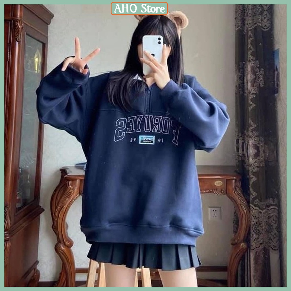 Áo Nỉ PoLo Khoá Cổ Áo Nỉ Nữ Sweater Xanh Than Cao Cổ Dài Tay Bồng Form Rộng Cá Tính Ulzzang