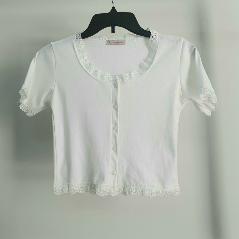 Áo croptop ren cổ vuông tay ngắn - GIÁ SỈ