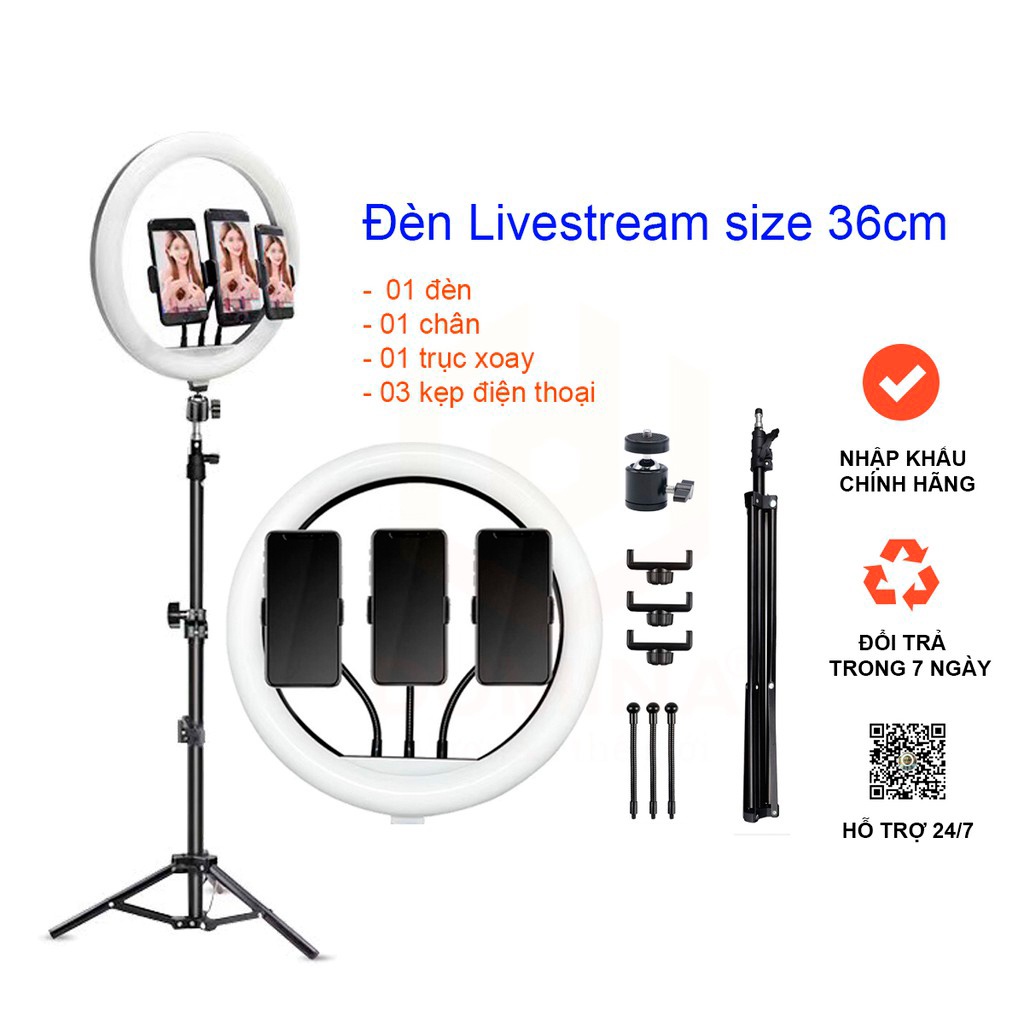 Đèn Livestream size 36 cm + chân 2m1+3 kẹp ĐT + điều khiển , hỗ trợ chụp ảnh make up trang điểm nhiều chế độ sáng