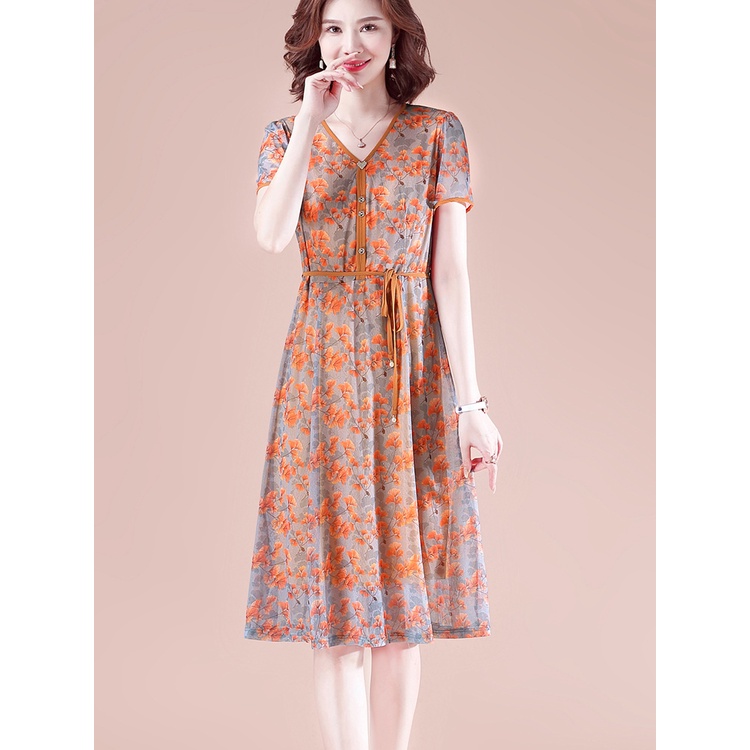 Đầm Lưới Tay Ngắn Cổ Chữ v In Họa Tiết Hoa Thời Trang Mùa Hè Dành Cho Nữ Trung Niên 40 Tuổi
