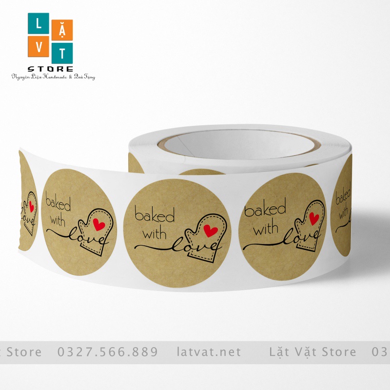 Tem tròn decal Baked with Love giành cho tiệm bánh, cảm ơn tri ân khách hàng, trang trí sản phẩm