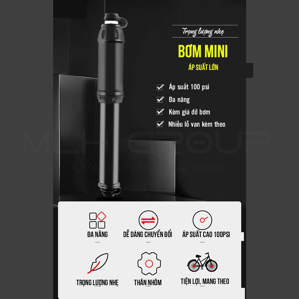 Bơm Xe Đạp Đa Năng Bơm Xe Đạp Mini Cầm Tay 100Psi Lõi Khung Nhôm Kim Loại Gắn Khung Sườn Xe Đạp Nhỏ Gọn Tiện Dụng MLH