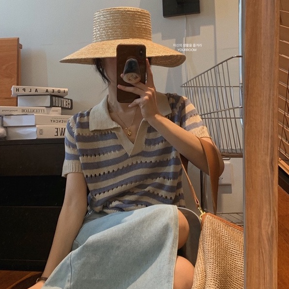 Áo thun Xiaozhainv tay ngắn cổ chữ V họa tiết kẻ sọc 5 màu phong cách thời trang cho nữ