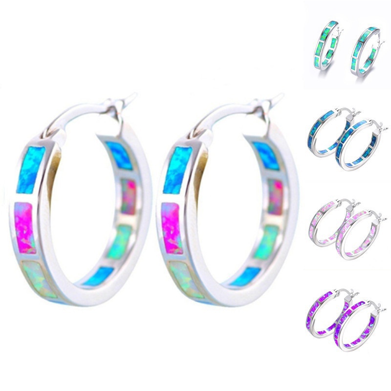 Bông Tai Mạ Bạc 925 Dáng Tròn Đính Đá Opal Thời Trang Cho Nữ