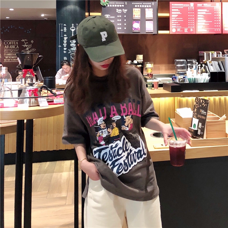 SUXI Áo thun tay ngắn cổ tròn hoạ tiết in phong cách Hàn Quốc