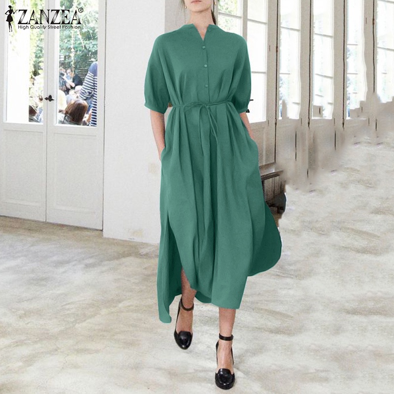 Đầm Zanzea dáng dài phối xẻ tà có nút cài thời trang cho nữ