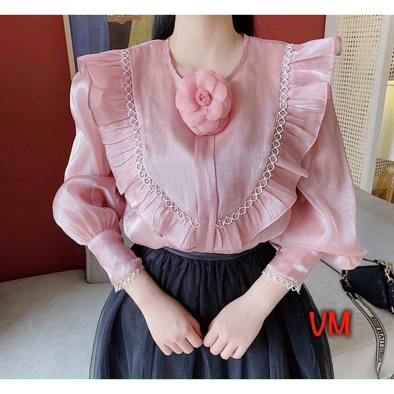 Áo sơ mi tay phồng tiểu thư kèm hoaKèm ảnh chụp thật
