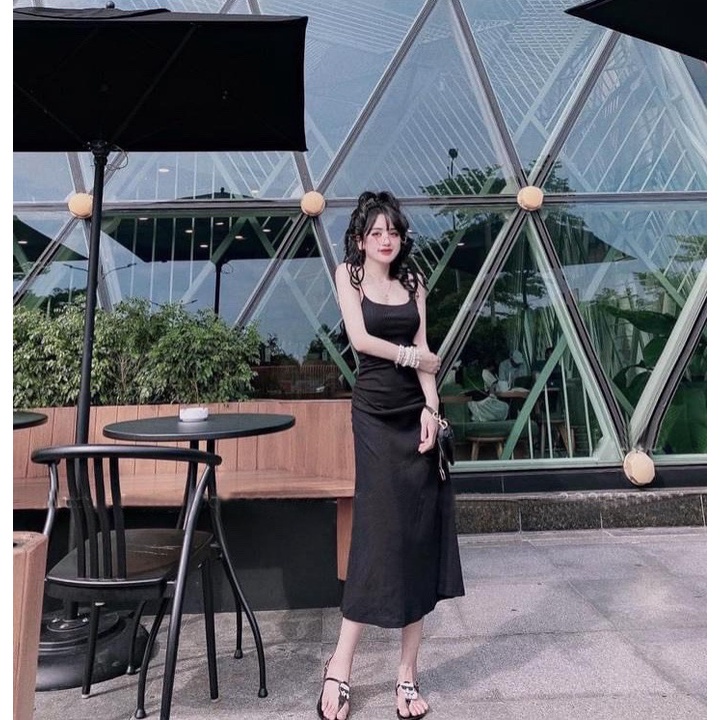 Đầm ôm body 2 dây vai phối nơ côt nhún eo Form dài siêu tôn dáng chất thun gân