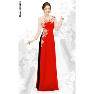 ÁO DÀI LỤA 6D PHA MÀU ĐỎ VÀ KEM