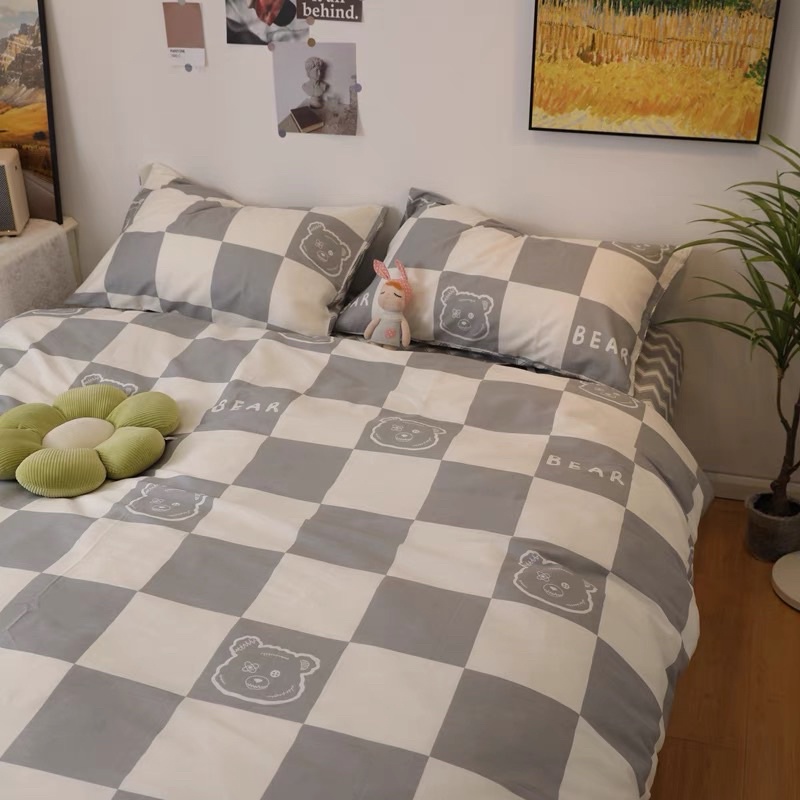 Set Bộ Vỏ Cotton Living Ô Vuông Gấu Xám_ shinbedding