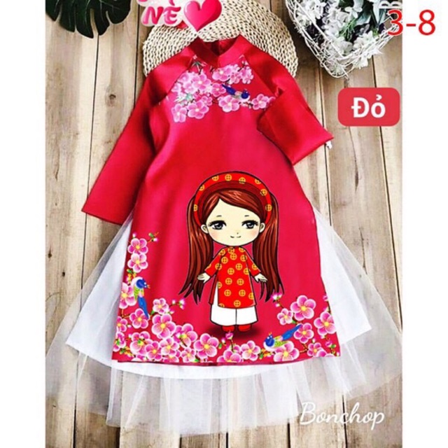 Set Áo dài lụa hình cô gái size 14-40kg