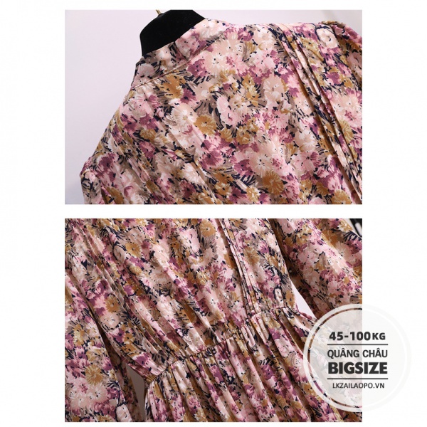 BIGSIZE Nữ (45-100kg) Đầm hoa nhi midi dáng dài voan cổ nơ Che Bụng Mỡ Ôm Eo tay dài mùa thu - Váy - Phong cách Hàn Quốc ulzzang vintage xinh đẹp - cho người mập béo 45-100kg