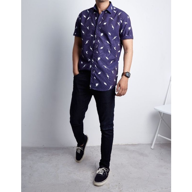 Áo sơ mi nam tay ngắn vải kate cotton hình khủng long  thoáng mát trẻ trung