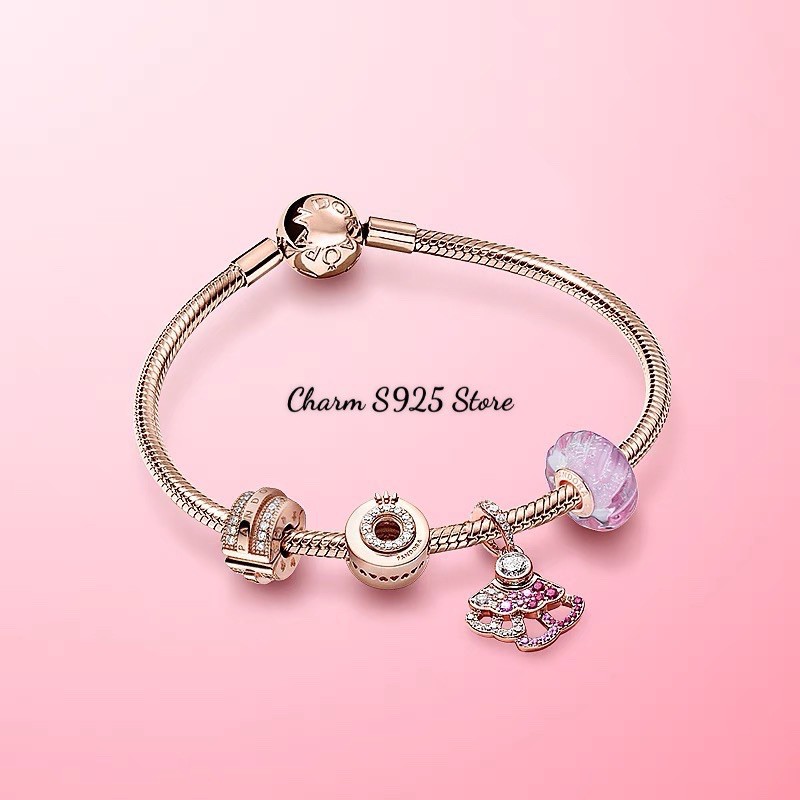 combo vòng tay mềm + 4 hạt charm pan bộ sưu tập quạt vàng hồng s925 cao cấp