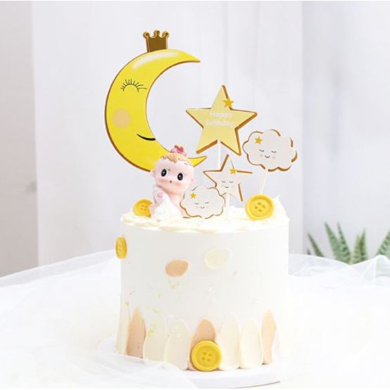 Phụ kiện trang trí bánh sinh nhật bánh kem - SET THẺ CẮM GIẤY TRĂNG SAO MÂY - TCHH
