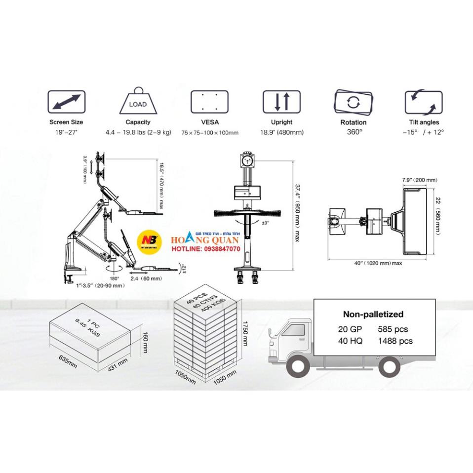 Giá Treo Màn Hình Máy Tính Kẹp Bàn Có Khay Bàn Phím - NB35 - [ Phù Hợp MH 19&quot; - 27 &quot;] - [ Hàng Chính Hãng - Model 2021 ]