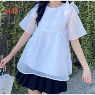 Áo babydoll thắt nơ vai chất voan tơ  form thụng dáng xòe áo kiểu nữ freeisze
