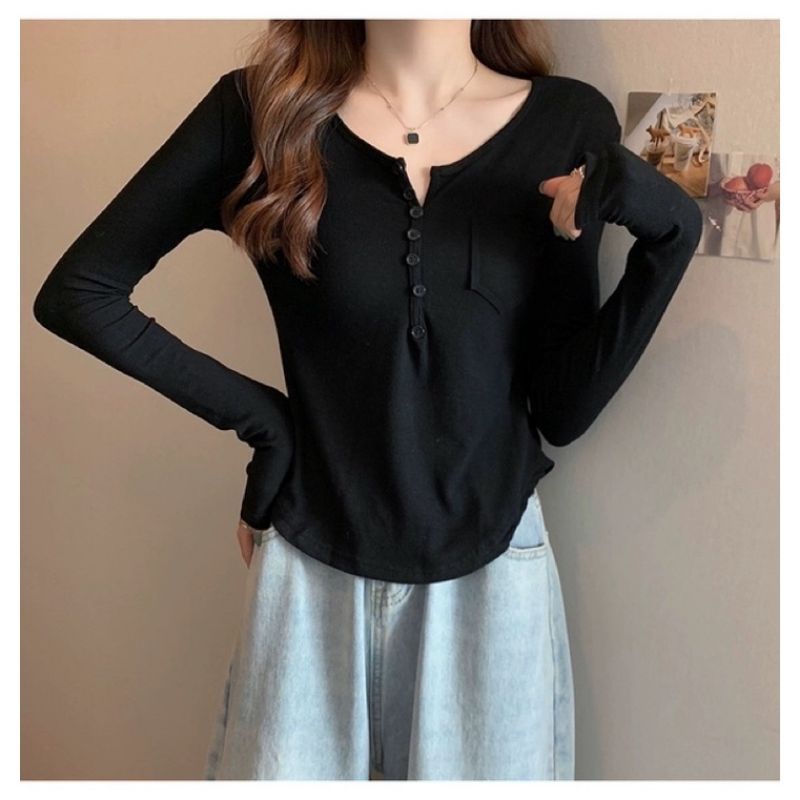 Áo Tay Dài Nữ Vạt Bầu Thun Gân Cúc Gài - C03