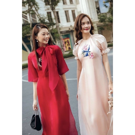 Áo dài cách tân tơ óng kết đính nhiều màu đỏ hồng kem vàng phong cách tiểu thư áo dài đi tiệc đi chơi trẻ trung nữ tính