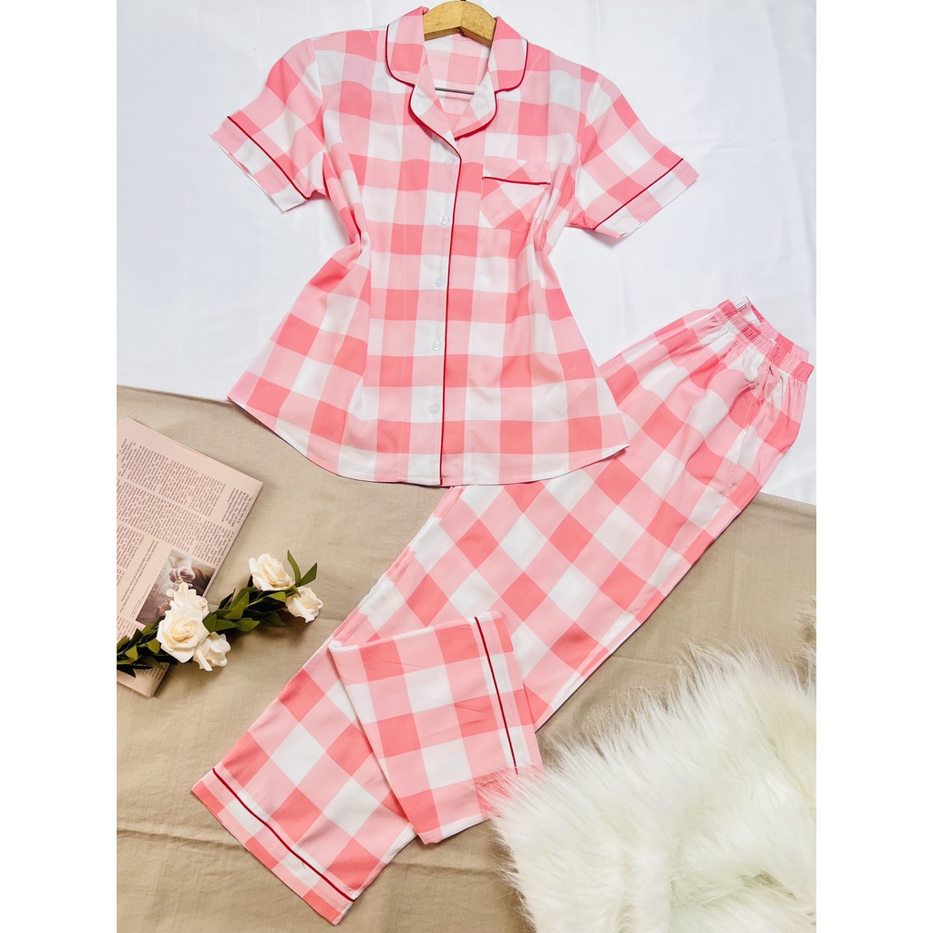 Đồ bộ pijama caro tay ngắn quần dài , Đồ bộ mặc nhà nữ vải tole màu pastel GHP-Garment