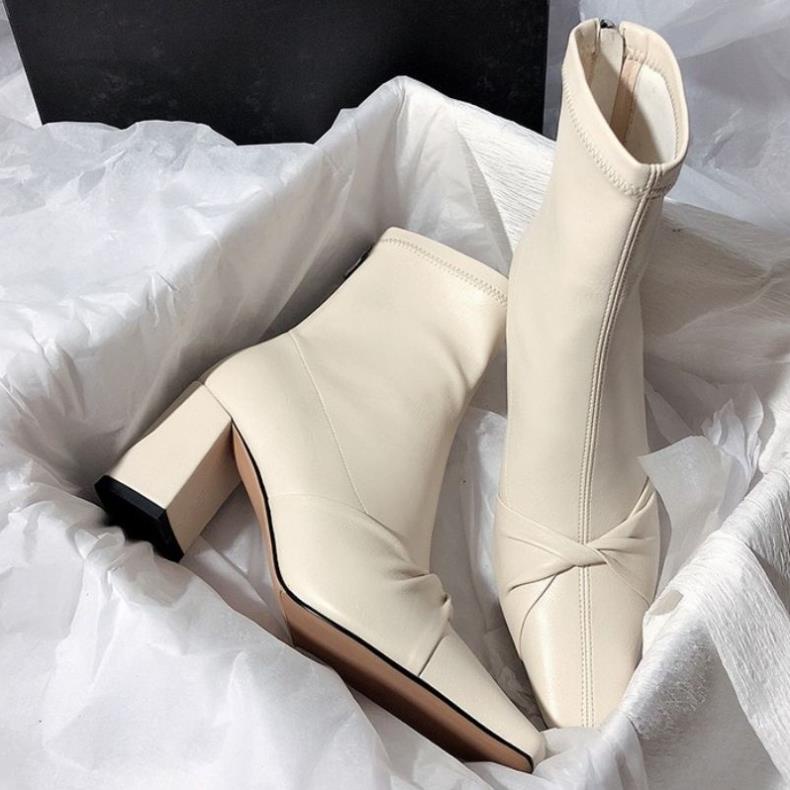 SẴN Boot Nữ GN32 Giày Cao Cổ Shangsi Thiết Kế Thun Nơ,Gót Cao 6p Da Mềm Phiên Bản Hàn Quốc Trẻ Trung Sang Trọng Hot 2022