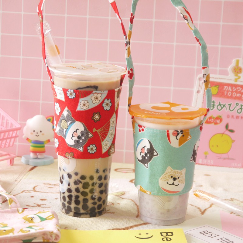 Quai Vải Xách Ly Cốc, Túi Đựng Bình Nước Mang Đi Chó Shiba Nhật Bản Đáng Yêu Tiện Dụng