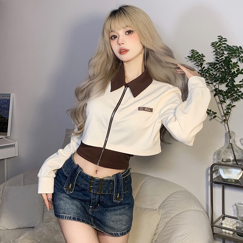 Áo thun crop top KLIOU tay dài có khóa kéo phong cách Hàn Quốc thời trang mùa thu cho nữ