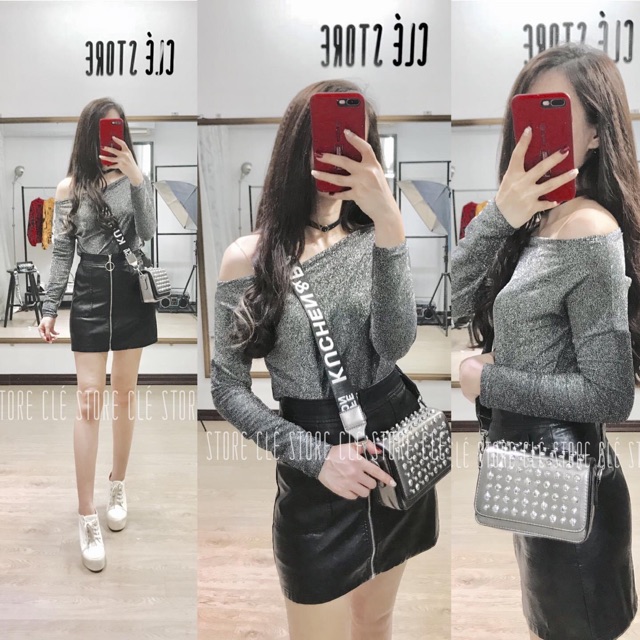 Áo thun nhũ hở vai tay dài