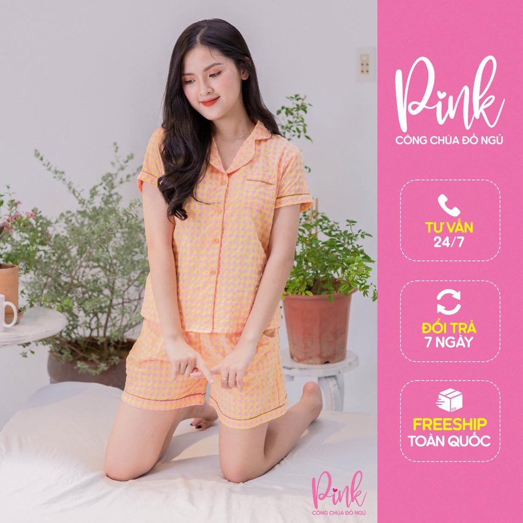 Bộ Đồ Ngủ Nữ Pijama Vàng Mặc Nhà Chất Voan Xốp Mềm Mịn Quần Đùi Tay Ngắn Cổ Sen Phong Cách Hàn Quốc Dễ Thương Sang Trọng