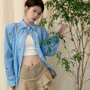 Áo sơ mi ZHELIHANGFEI tay dài chống nắng dáng rộng in họa tiết xinh xắn