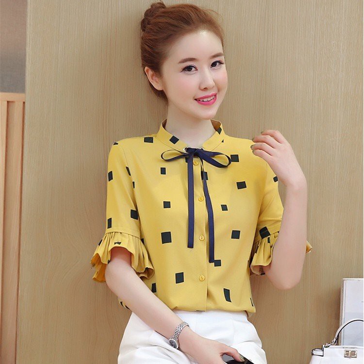 áo sơ mi nữ cổ trụ nơ xinh xắn tay lỡ  -áo sơ mi nữ tay điệu