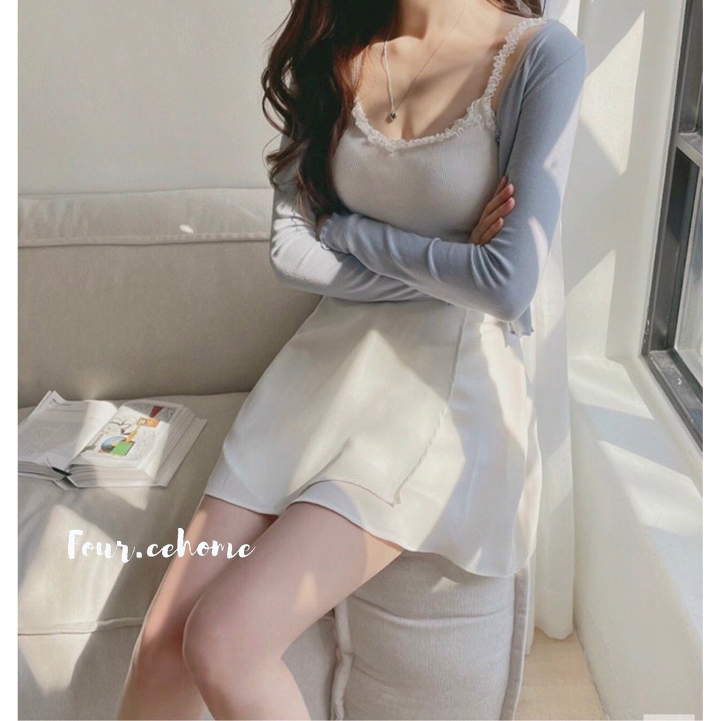 Set 3 món: áo khoác xanh + áo 2 dây bèo + chân váy trắng