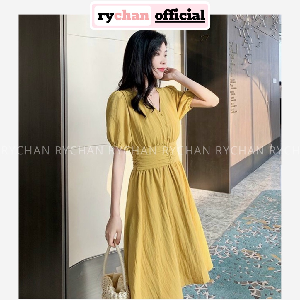 Đầm Xòe Cổ V Nút Bọc Chít Eo 2 Màu - DX0063
