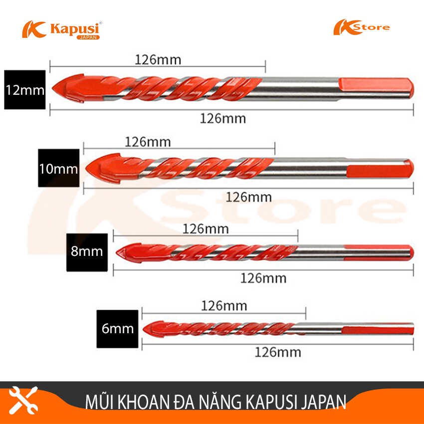 Bộ 4 Mũi Khoan Đa Năng Kapusi Japan, Khoan Gạch -Khoan Đá - Bê Tông - Gỗ - Nhựa - Sắt. Kích thước 6-8-10-12mm