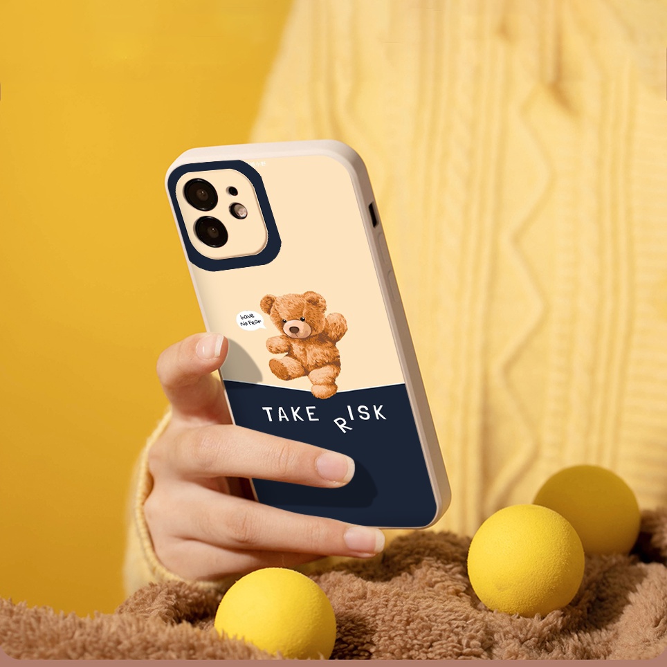 Ốp lưng Iphone Gấu Take Risk no fear ốp iphone cạnh vuông 6s/6plus/7plus/8plus/x/xsmax/11/12/13/pro/max/promax