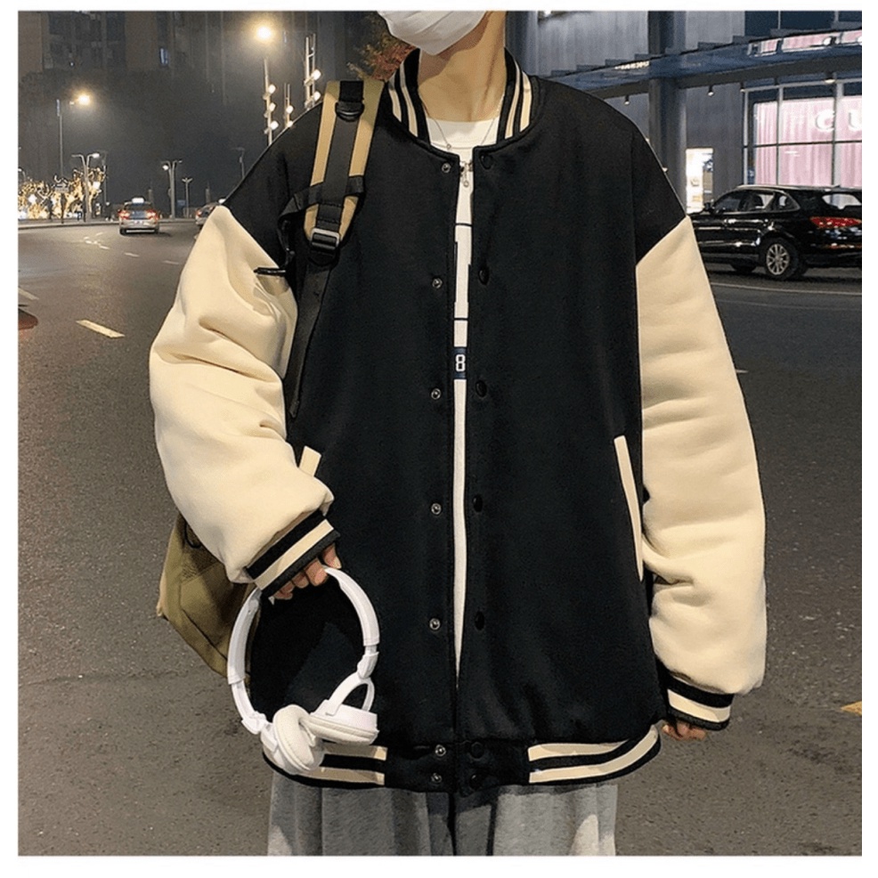 Áo Khoác Nỉ Nam Gấu Nâu 3 Màu Form Rộng Kiểu Bomber Phong Cách Trẻ Trung Nút Cài Phối Tay Khác Màu Che Nắng Chắn Gió Cực