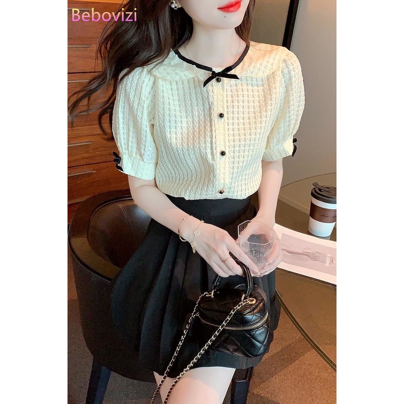 Áo Sơ Mi Chiffon Tay Phồng Cổ Búp Bê Thắt Nơ Mẫu Mới 2022 Thời Trang Mùa Hè Cho Nữ