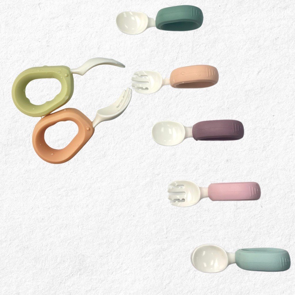 Bộ Thìa Nĩa Cán Tròn Silicone Tập Xúc, Tập Ăn Cao Cấp Thương Hiệu Baby'si Cho Bé Ăn Dặm