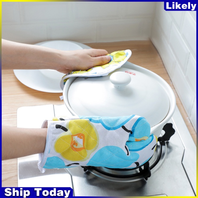 Set 2 găng tay cách nhiệt bằng polyester cotton dày dặn dùng cho lò vi sóng