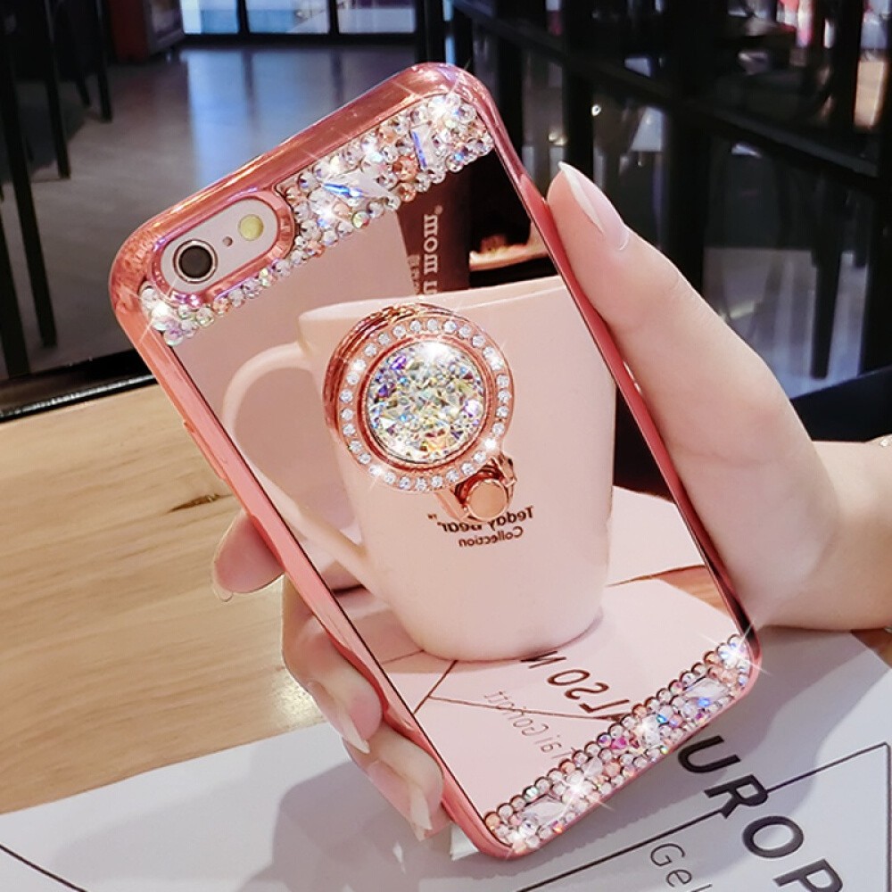 Ốp lưng gương kim cương mềm mại bằng kim cương TPU mềm với vòng giữ cho iphone 6 6s 7 8 plus x xs xr max 11 pro max